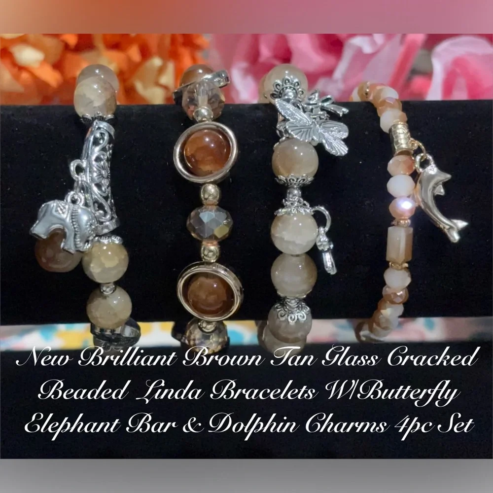 Springtime Glass Brown Tan Beaded Bracelets W/Dolphin Butterfly Elephant Charms - Picture 2 of 2